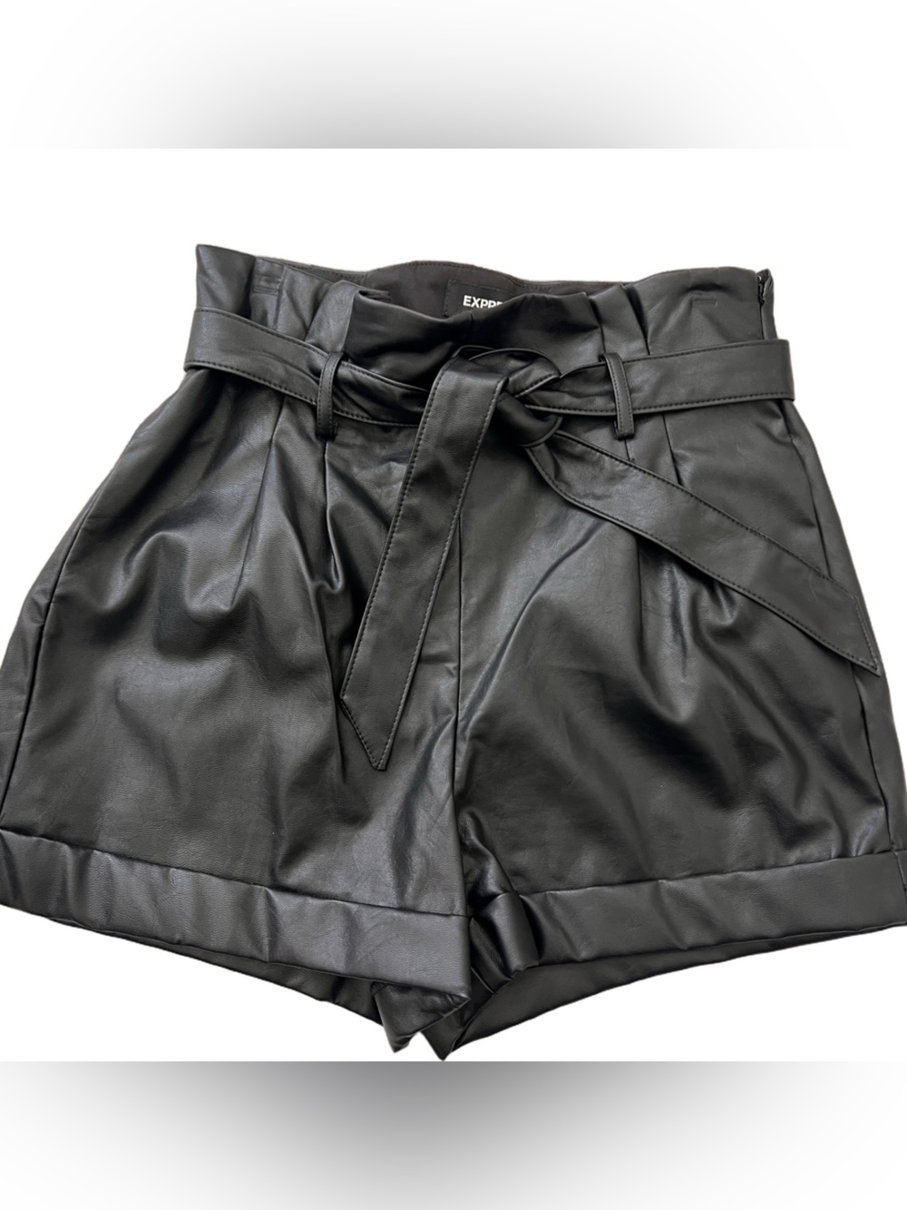 Express Black Faux Leather High-Waist Paperbag Shorts with Tie